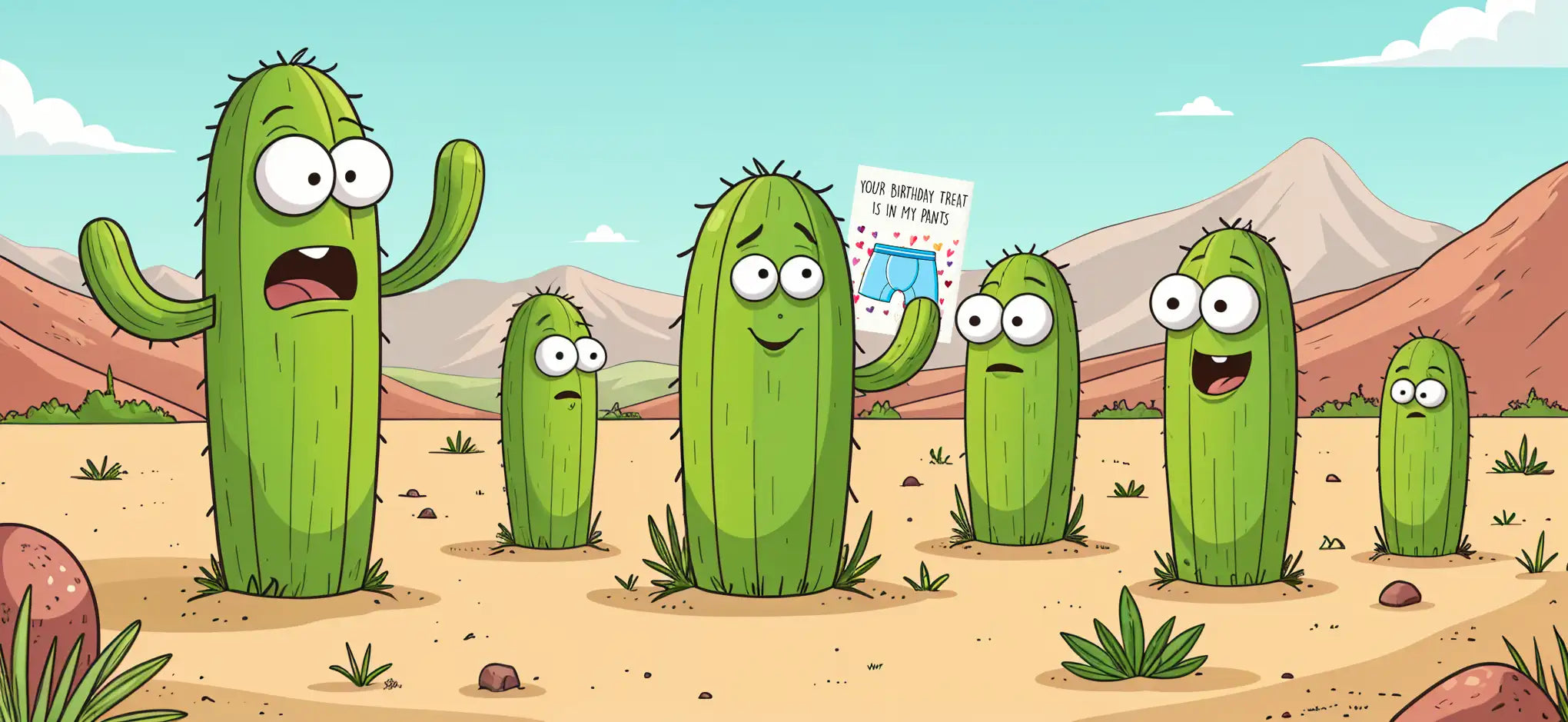 Prickly Cards banner - cactus holding a card