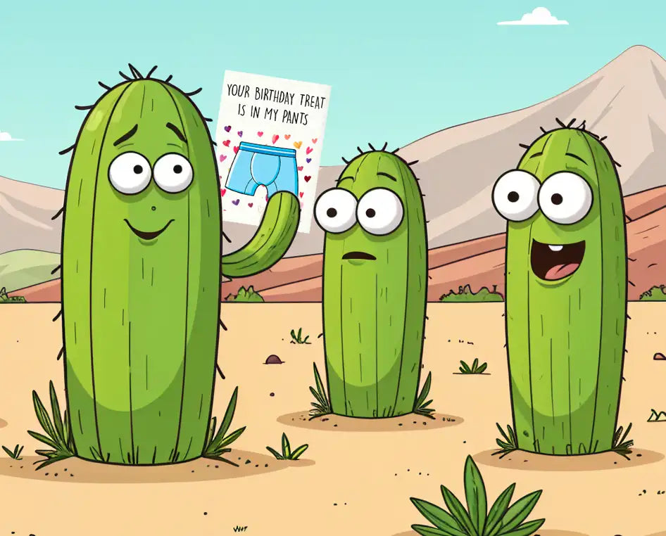 Prickly Cards banner - cactus holding a card