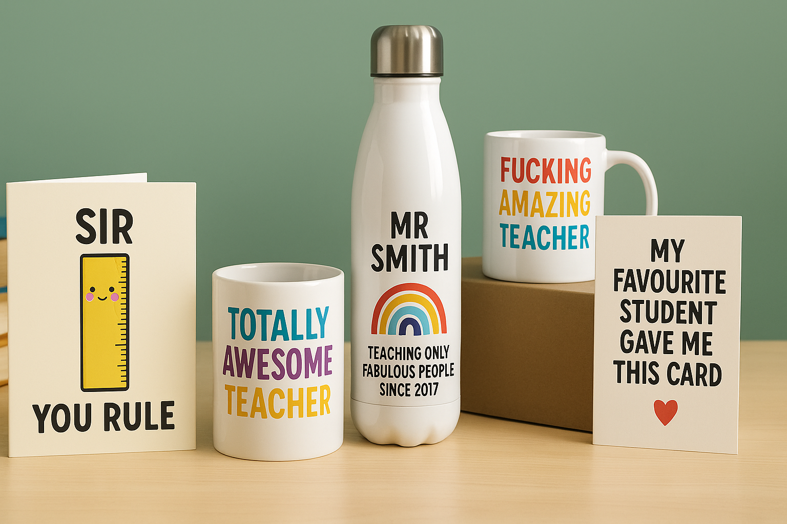Funny end-of-term teacher gifts including a 'You Rule' card, personalised mugs with messages like 'Totally Awesome Teacher' and 'F***ing Amazing Teacher', and a rainbow water bottle labeled 'Mr Smith'. Perfect humorous thank-you gifts from students
