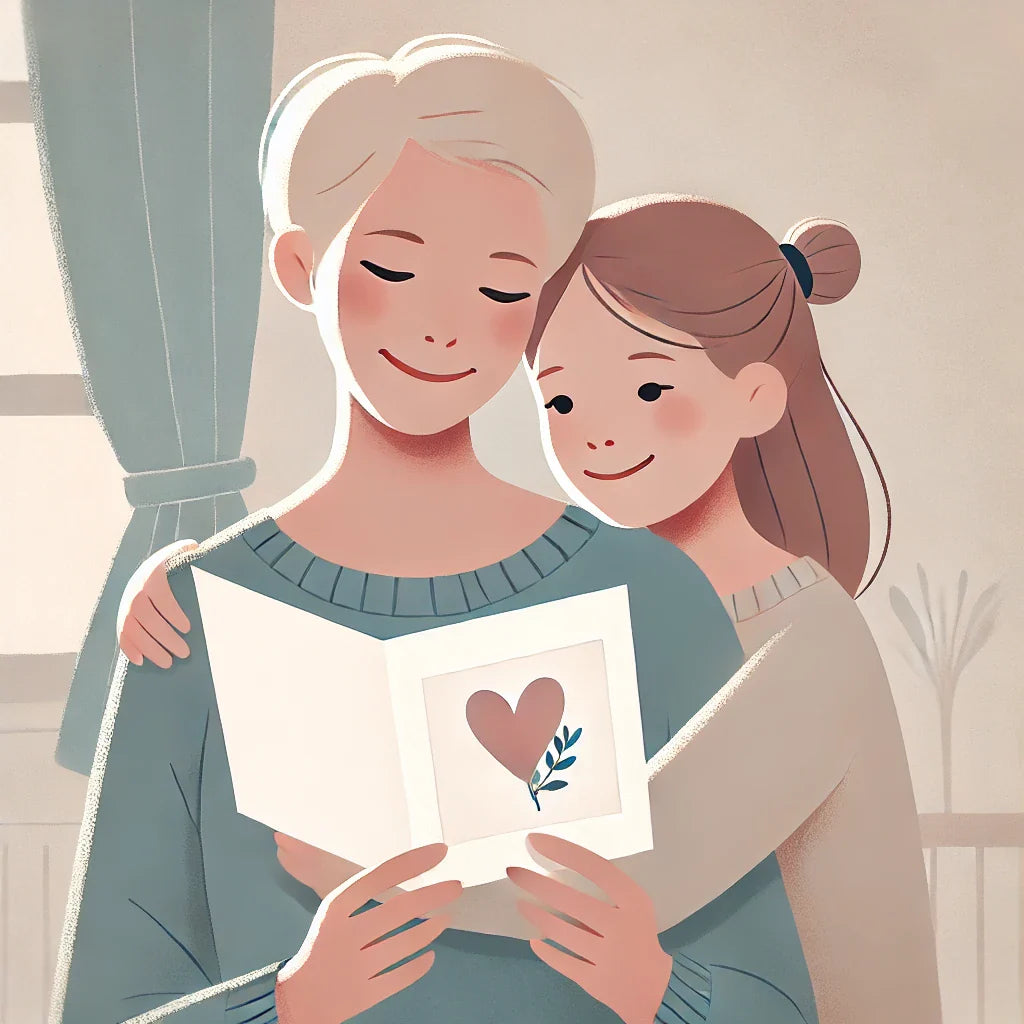A mother reading a mother's day card with her daughter