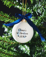 Load image into Gallery viewer, Personalised Baby&#39;s First Christmas Glass Bauble with Name &amp; Birth Year – Blue or Pink Footprints and Satin Bow – Newborn Gift Keepsake