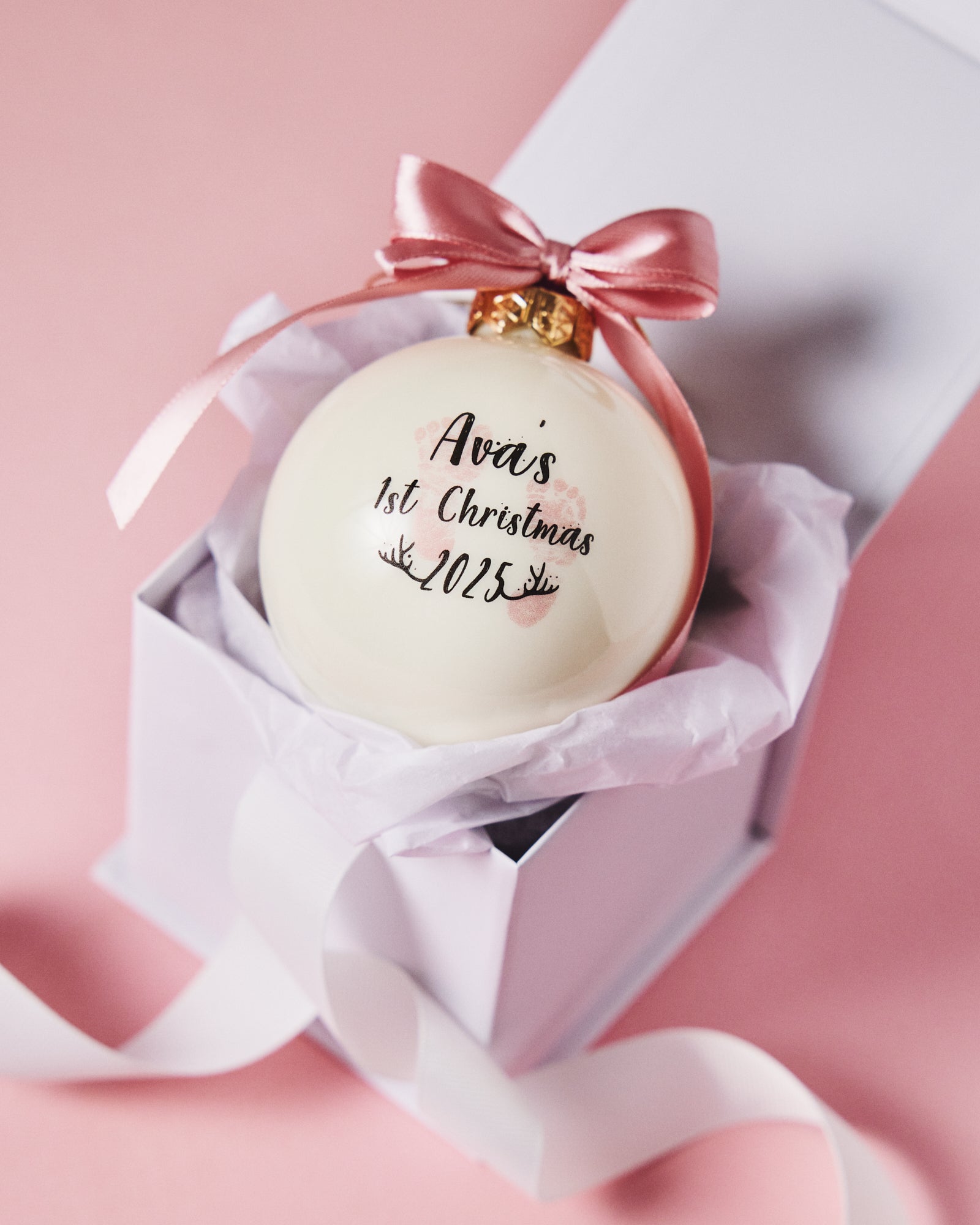 Personalised First Christmas Bauble – Newborn Keepsake with presentation box and luxury pink ribbon
