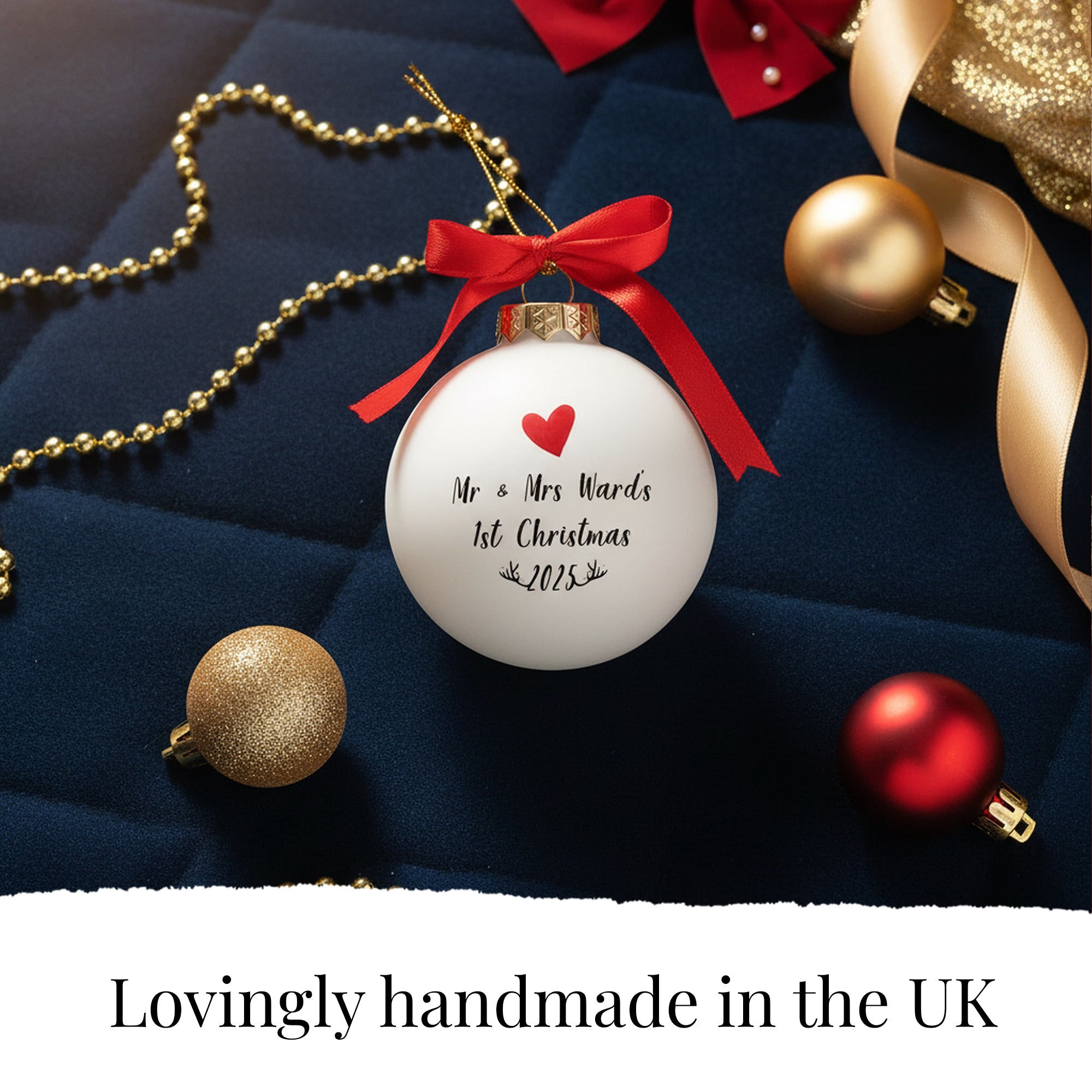 Personalised ‘Mr & Mrs’ 1st Christmas Bauble – Premium White Glass Ornament with Red Bow & Gift Box (2025 Edition)