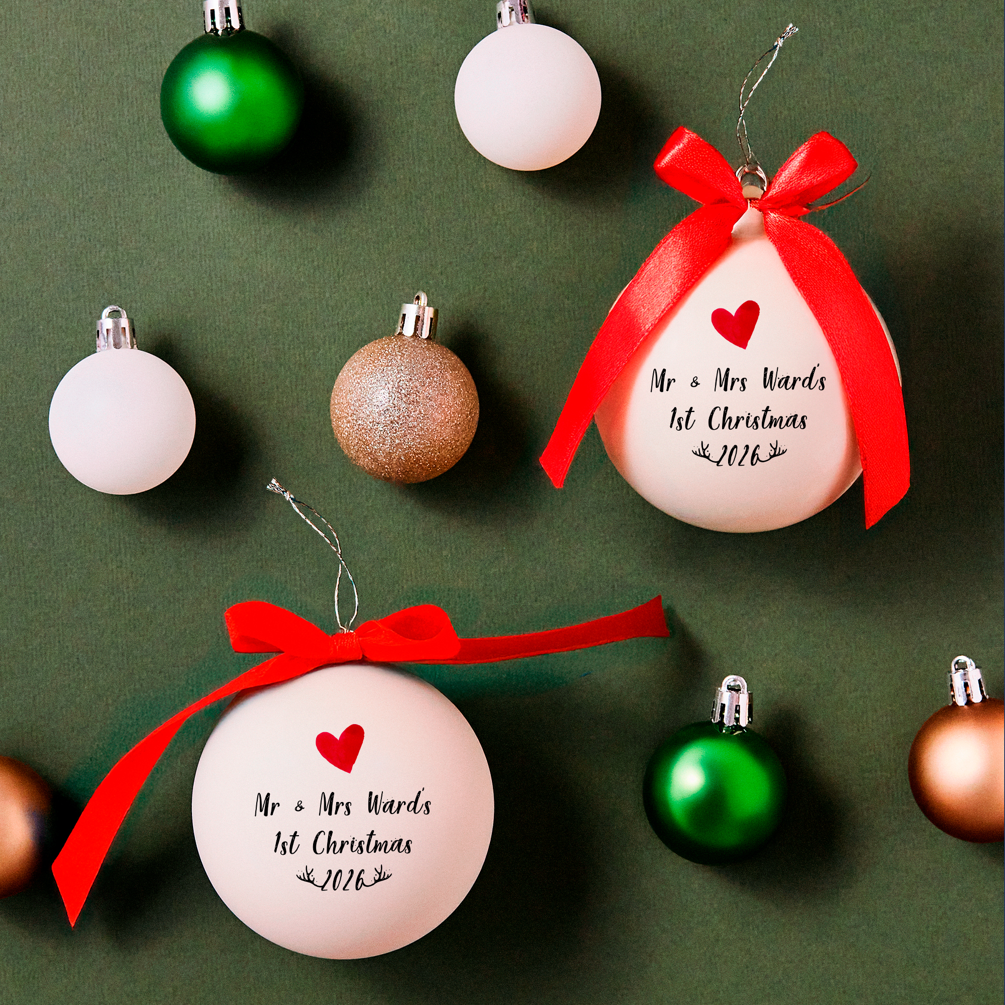 Personalised ‘Mr & Mrs’ 1st Christmas Bauble – Premium White Glass Ornament with Red Bow & Gift Box (2025 Edition)