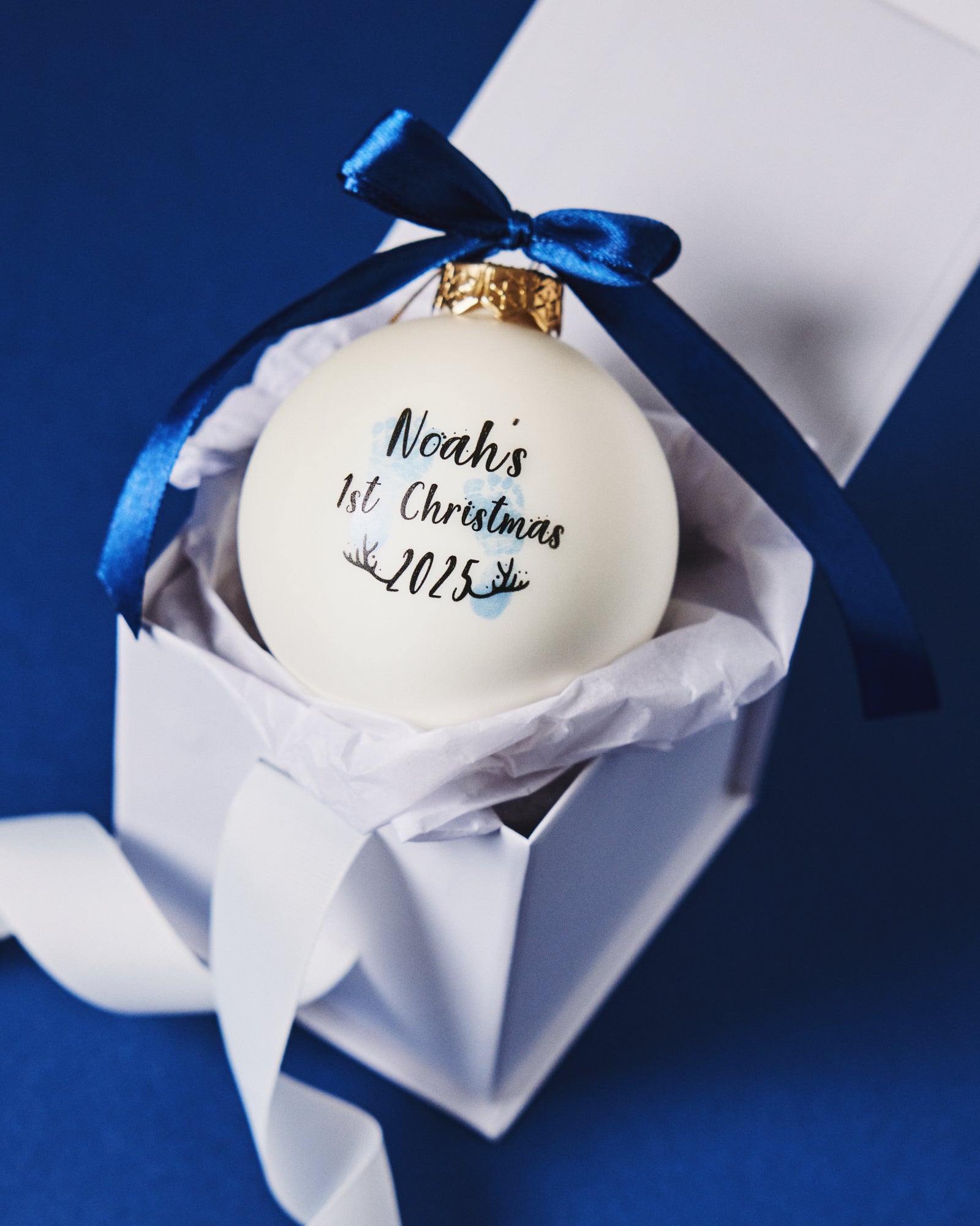 Personalised First Christmas Bauble – Newborn Keepsake with presentation box and luxury blue ribbon