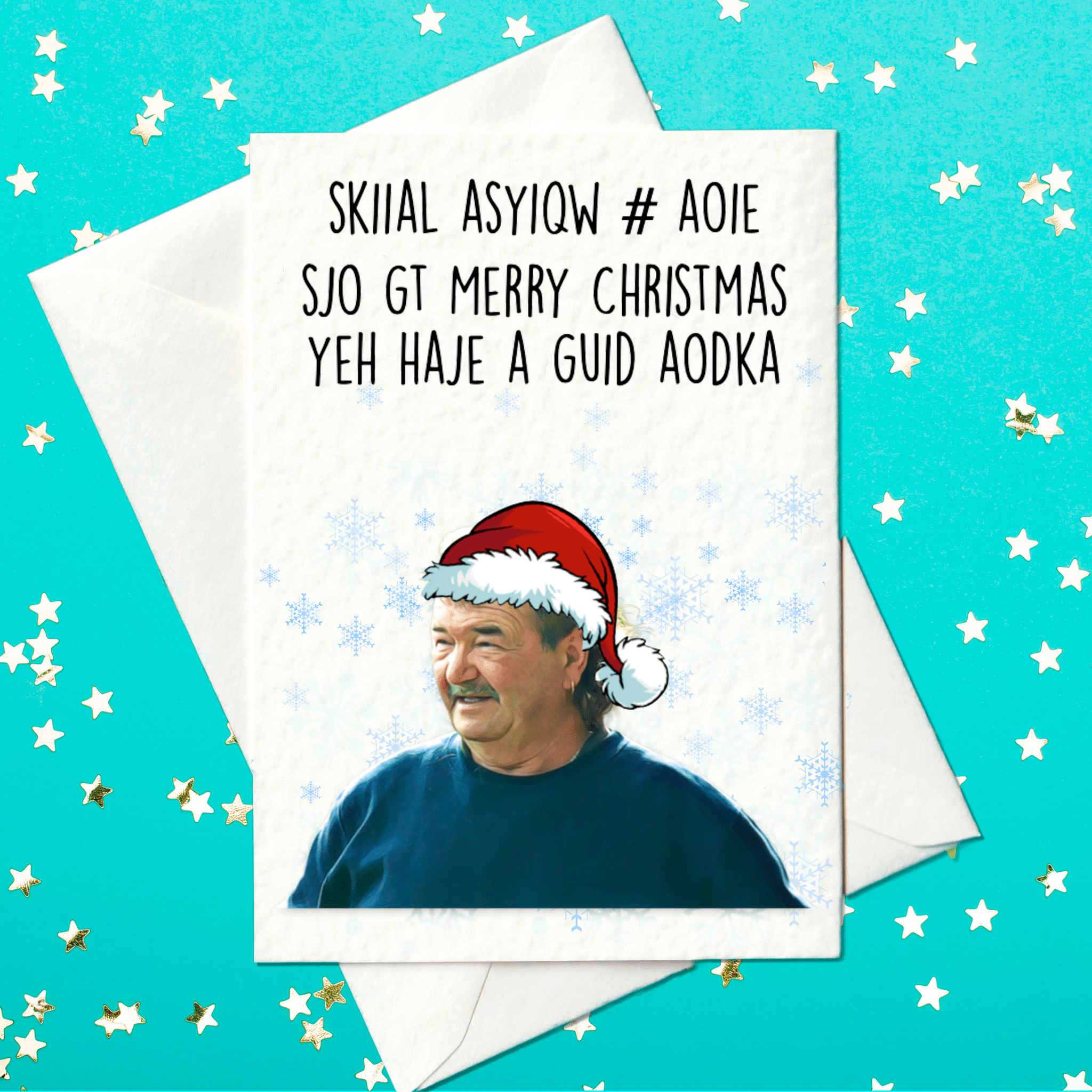 Funny Christmas card featuring a man resembling Gerald from Clarkson’s Farm wearing a Santa hat, with humorous gibberish text mimicking his speech and snowflake background.