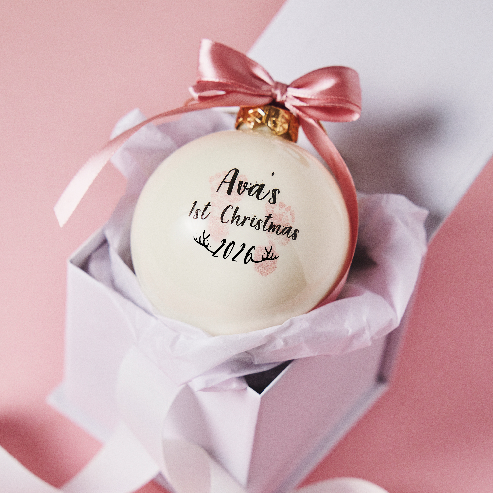Personalised First Christmas Bauble – Newborn Keepsake with presentation box and luxury pink ribbon