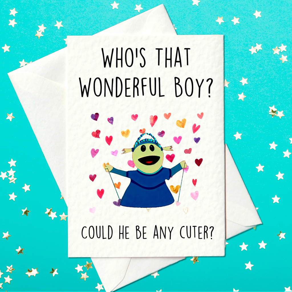 Adorable Mona Greeting Card - Cute & Playful Nanalan' Themed Birthday Card for Boys "Who's that wonderful boy? Could He Be Any Cuter"(A6)