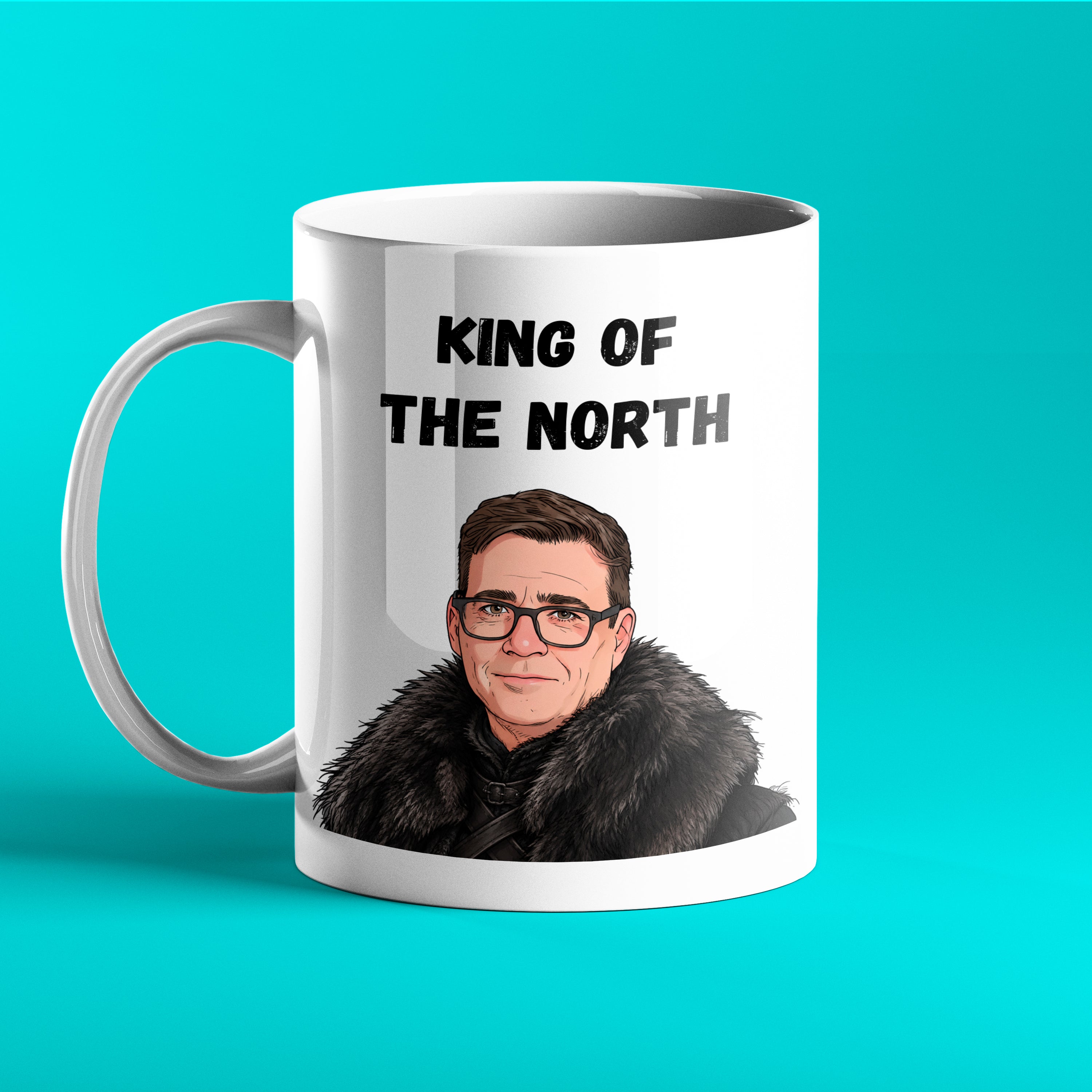 Funny Andy Burnham mug – reads King Of The North, with Andy Burnham in a fur cloak