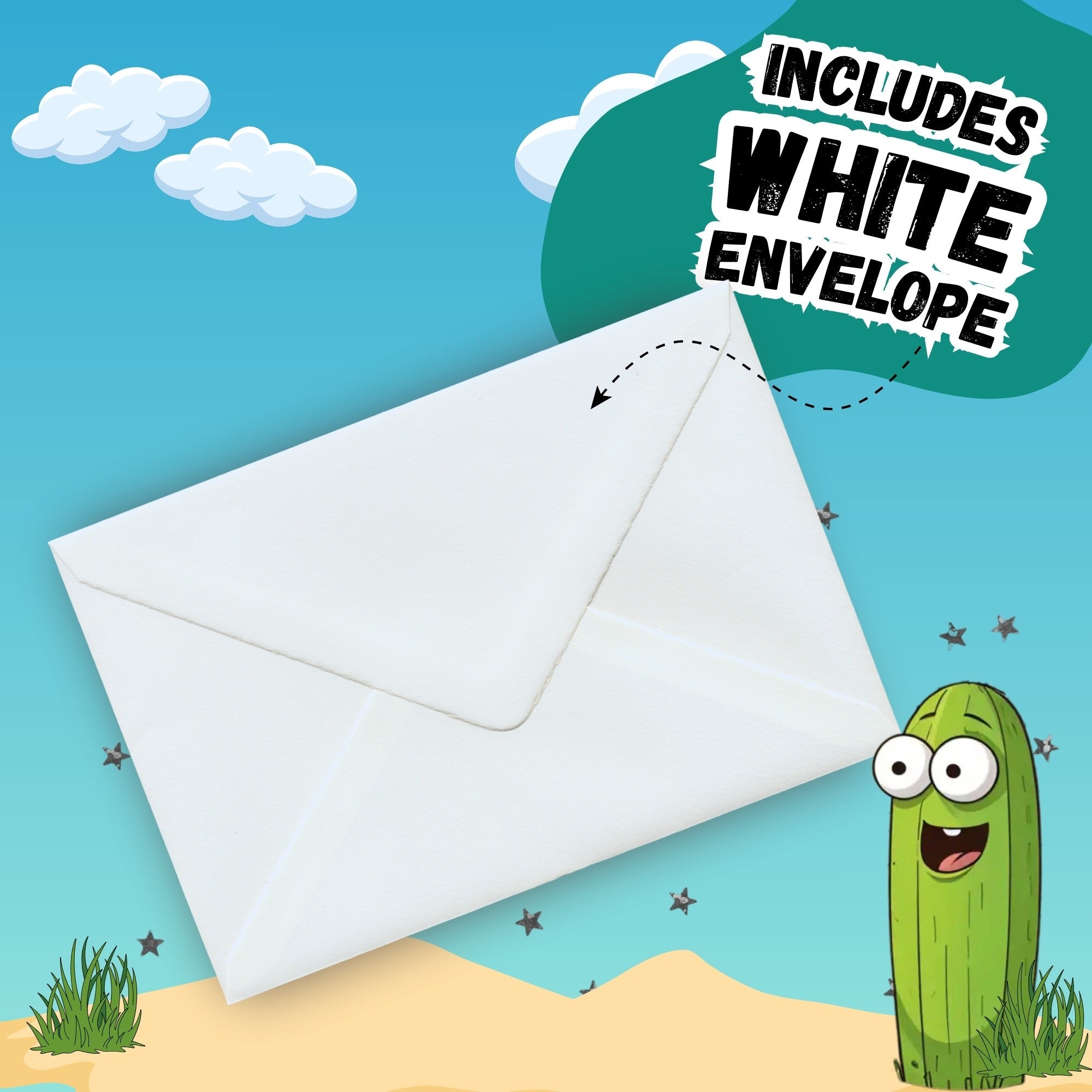 Includes a white envelope
