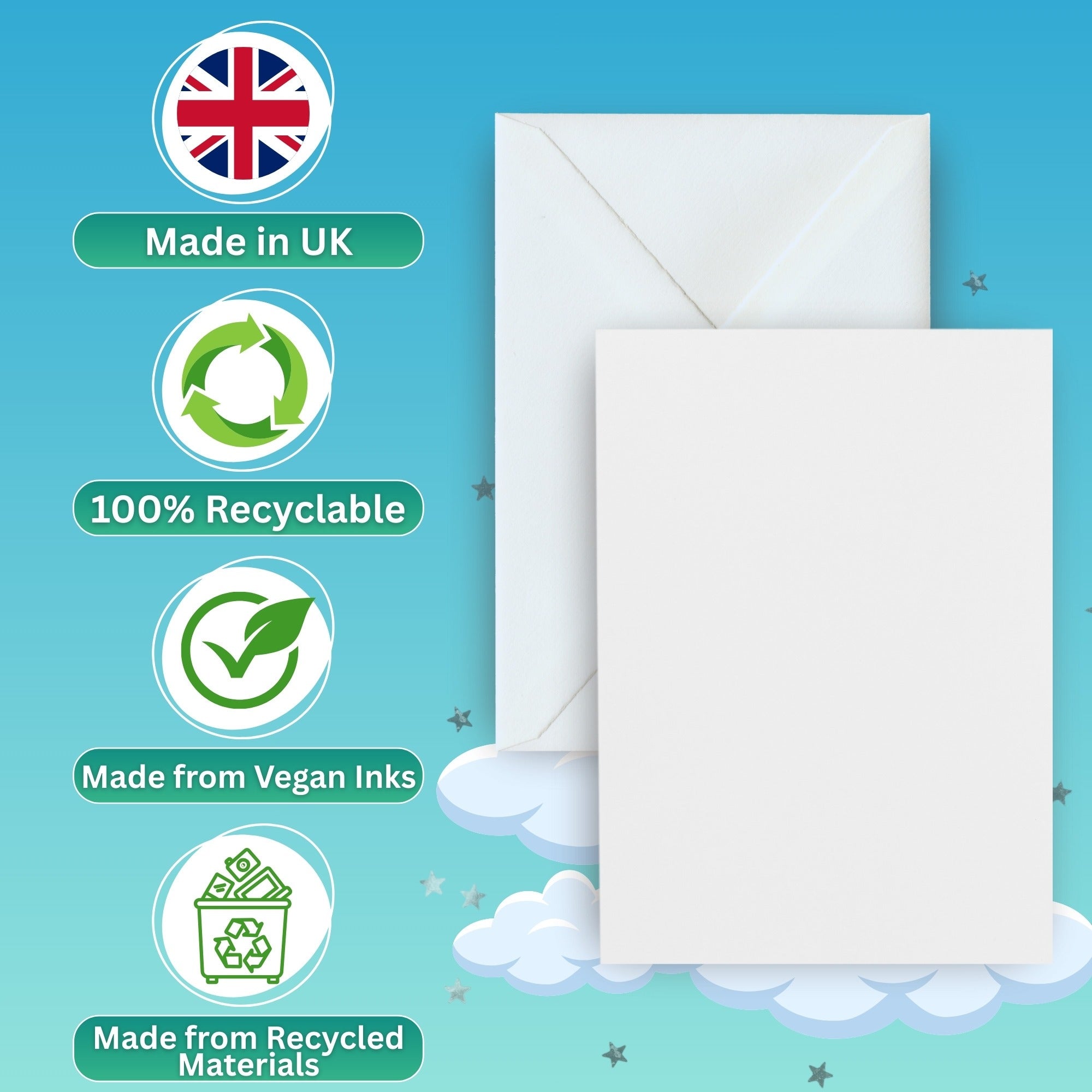 Made in the UK, 100% recyclable, vegan inks, recycled materials
