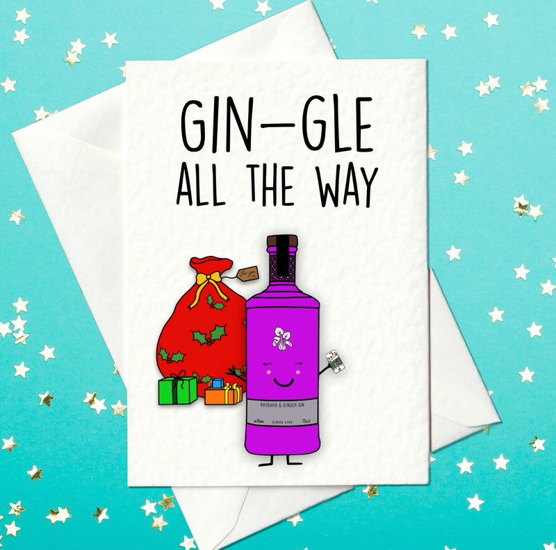 Gin-gle All The Way Christmas card with purple gin bottle