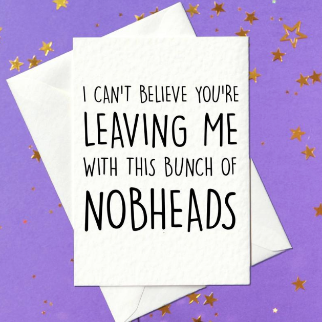 I can't believe you're leaving me with this bunch of nobheads - funny leaving work card