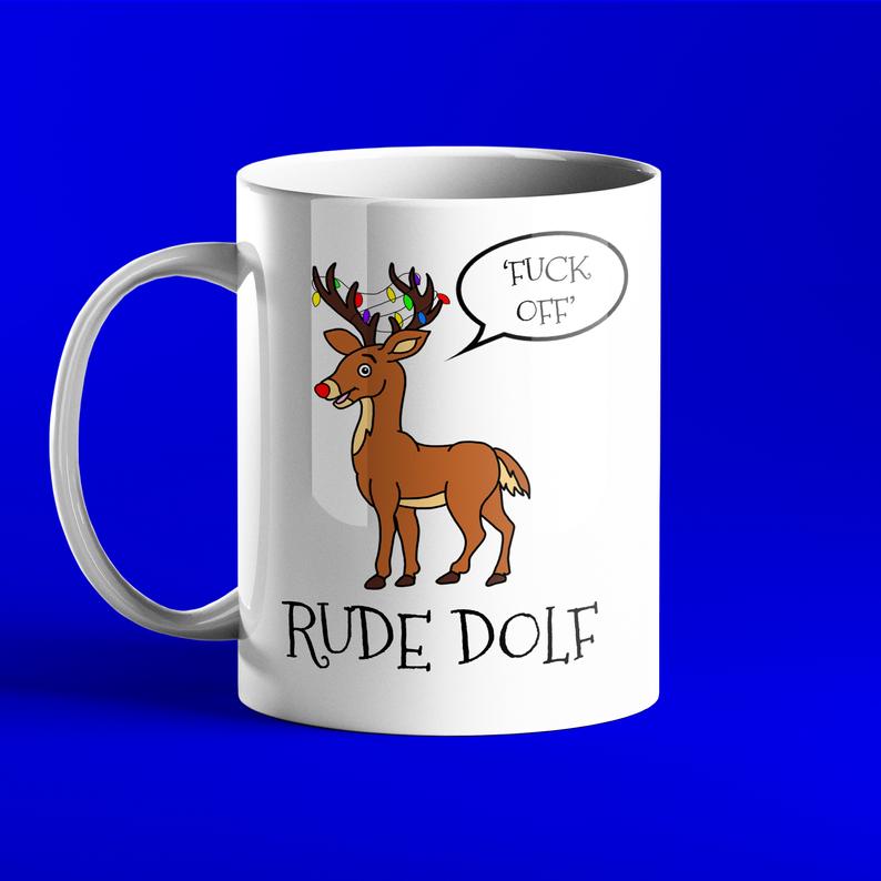 Rude Dolf 'Fuck Off'- Rude, Personalised Gift Mug - Ideal for Secret Santa - Prickly Cards